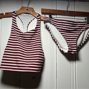 Aerie High Neck Maroon Striped Bikini Medium/Large
